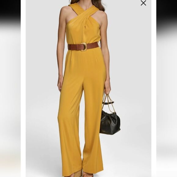 Donna Karan Women's Yellow Belted Halter Wide Leg Jumpsuit Nwt Size 6 - Picture 10 of 13